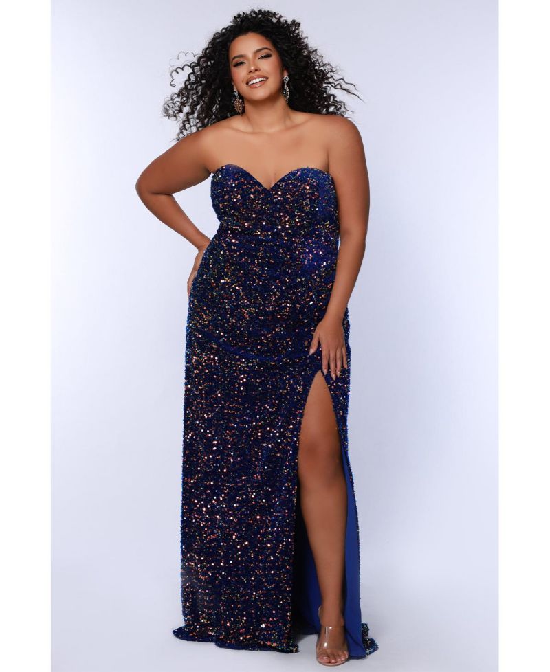 Plus Size Strapless Royal Blue Sequin Velvet Fitted Formal Dress with Slit