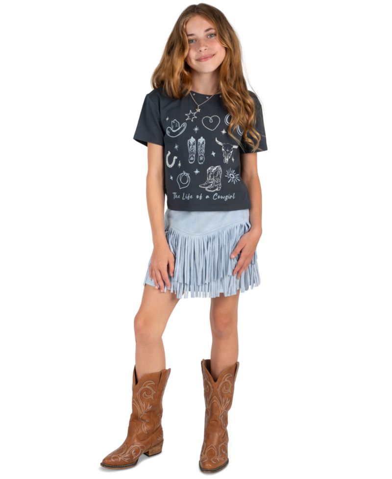 Girls' 7-20 Graphic Fringe Cropped T-Shirt, Skirt, and Necklace, 3-Piece Set