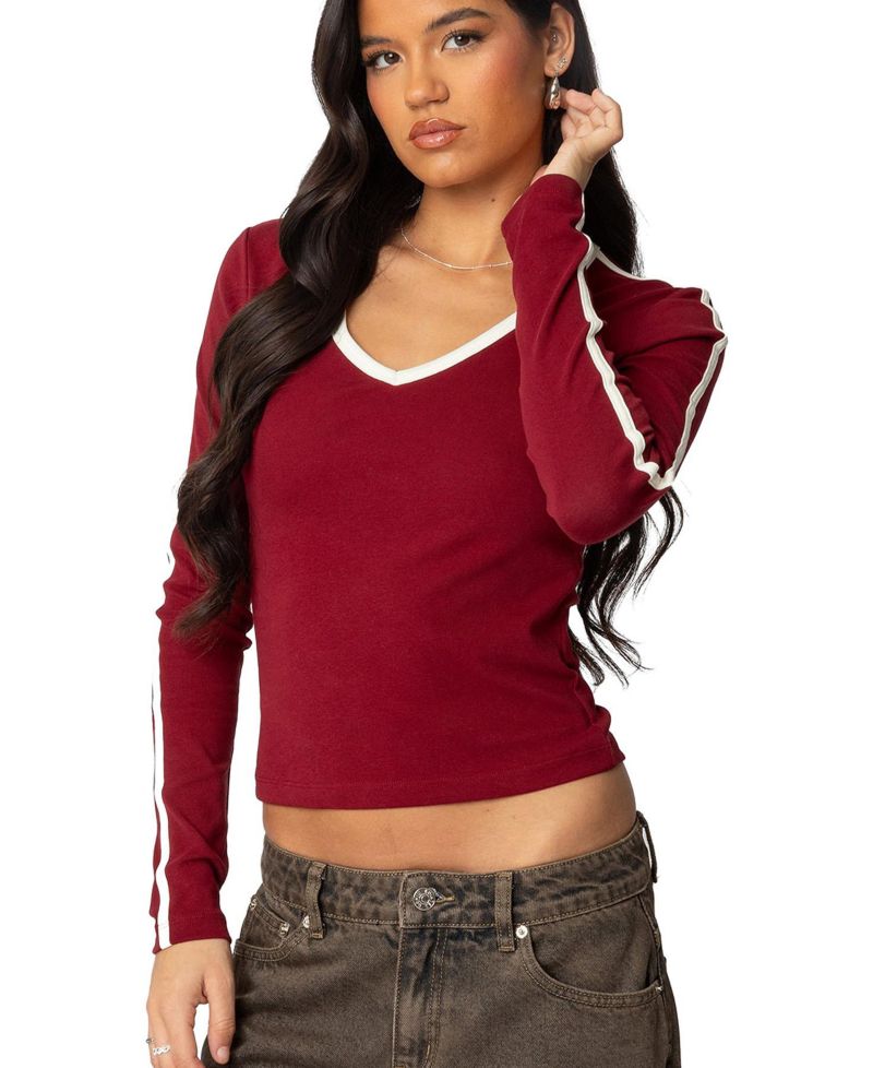 Women's Contrast V Neck Long Sleeve T Shirt