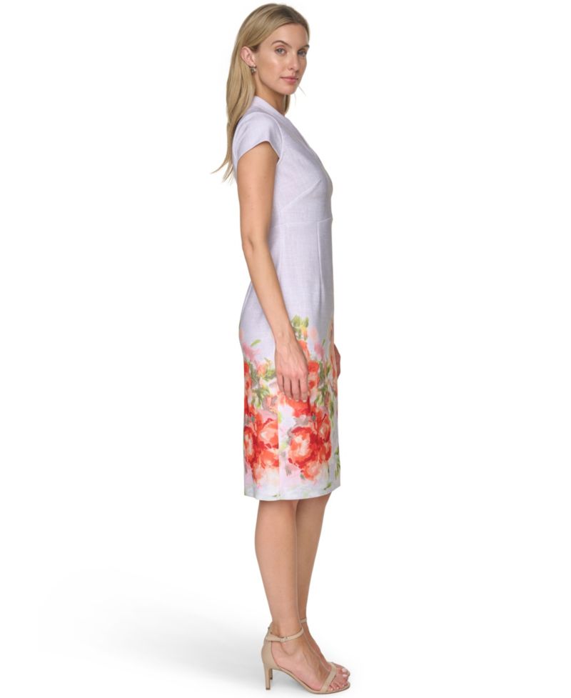 Petite Placement Printed Split V-Neck Sheath Dress