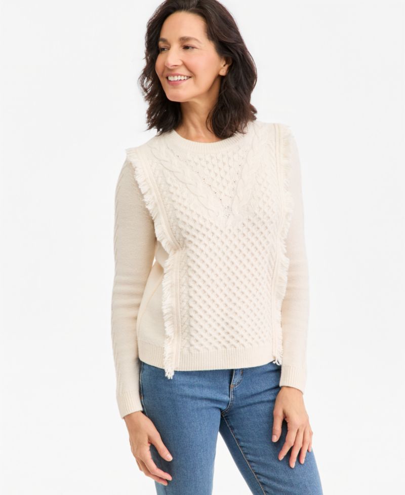 Petite Cable Fringe Crewneck Sweater