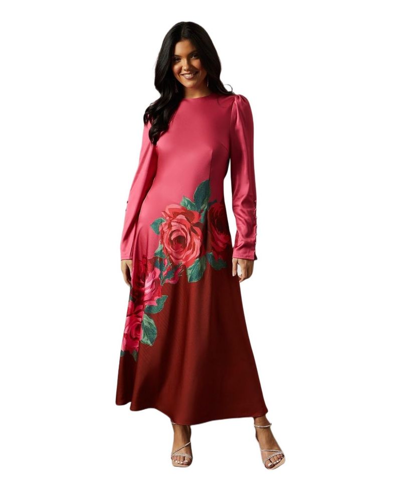Women's Premium Satin Placement Print Maxi Dress
