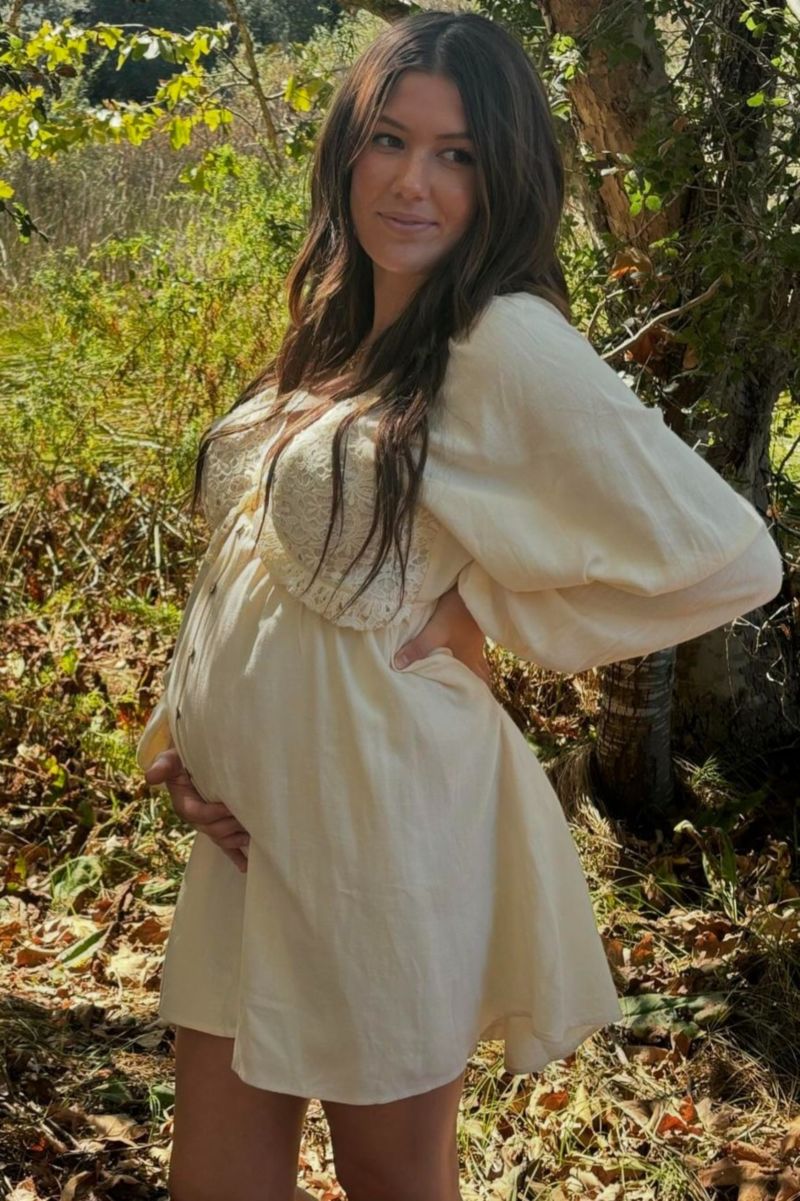 Women's Beige Crochet Lace Button Front Dress