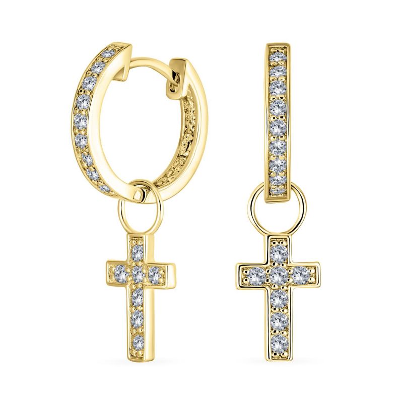 Religious Dangle CZ Cross Mini Hoop Huggie Earrings Silver Plated