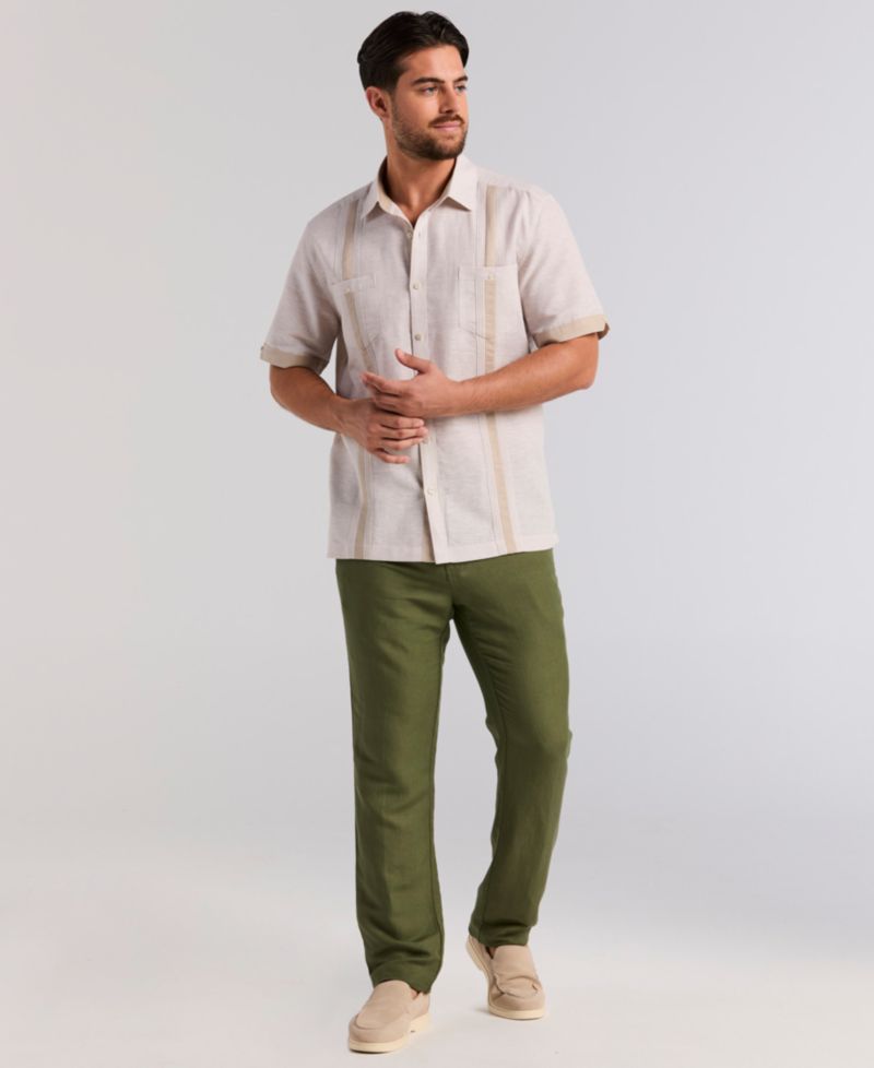 Men's Cross-Dyed Linen-Blend Short-Sleeve Pintucked Shirt