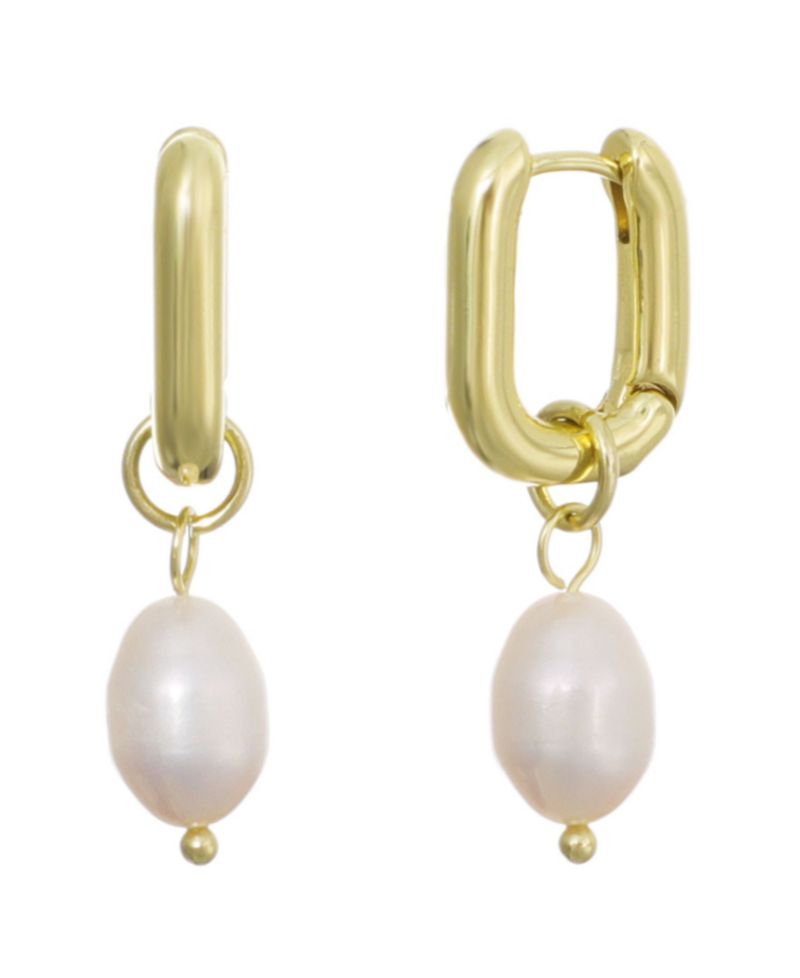 Gold-Plated Freshwater Pearl Detachable Rectangle Huggie Hoop Earrings