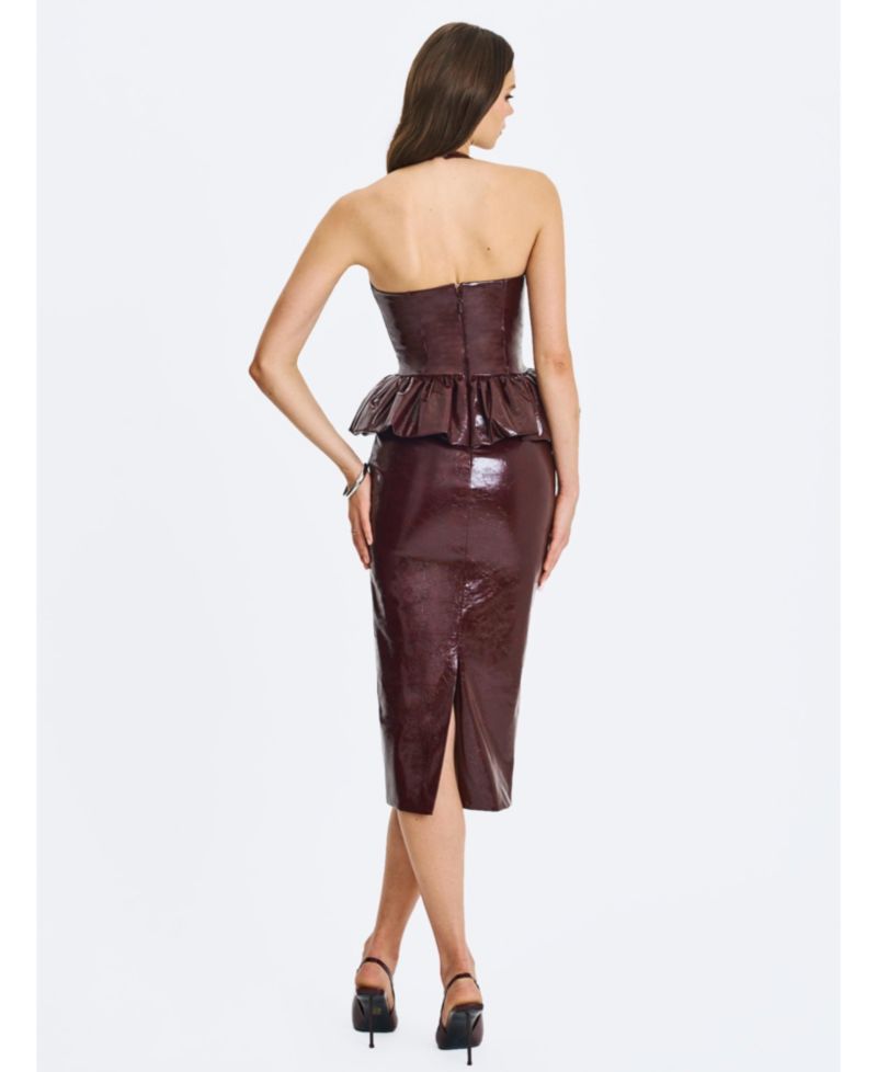 Women's Jaslene Mahogany Ruched Peplum Plunge Halter Midi Dress