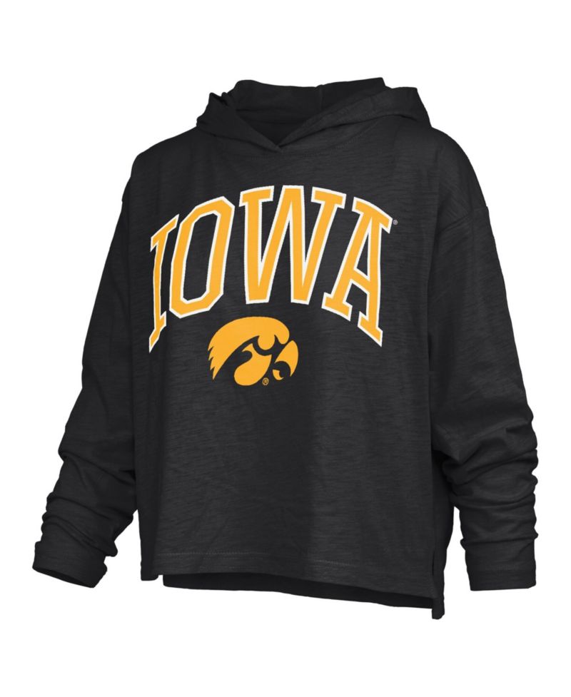Women's Black Iowa Hawkeyes Nelson Arch Over Logo Long Sleeve Hooded Slub T-Shirt