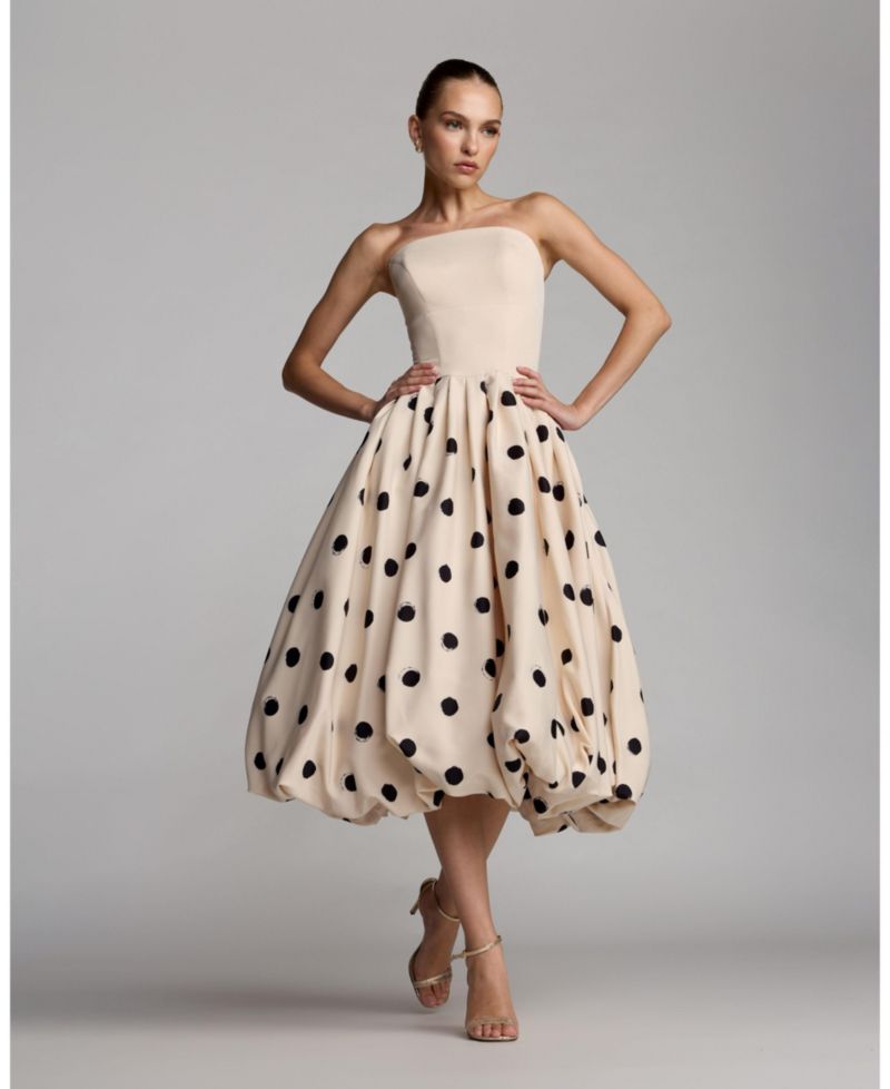 Women's Strapless Polka Dot Crepe Bubble Skirt Midi Dress