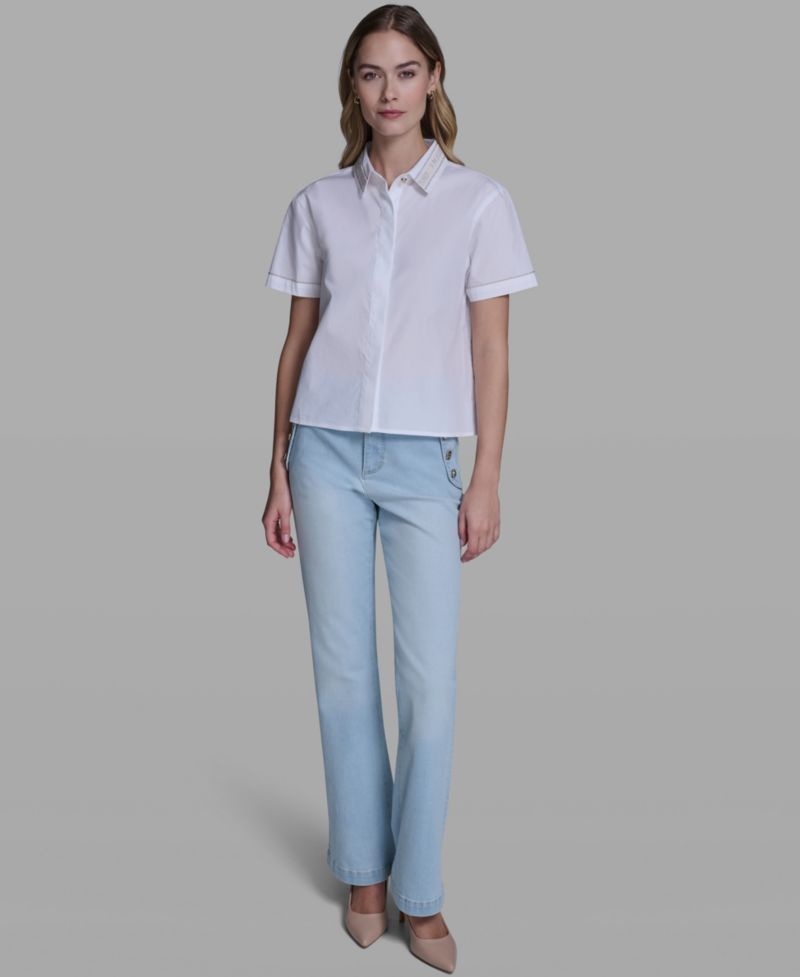 Women's Short-Sleeve Embroidered-Collar Top