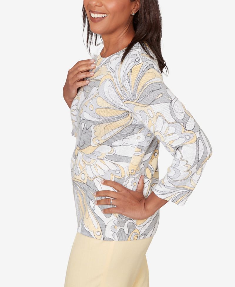 Petite Al Fresco Abstract Butterfly Ribbed Crew Neck Sweater