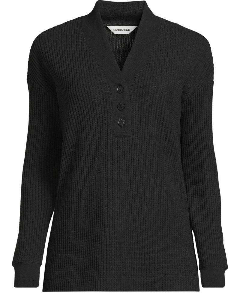 Plus Size Long Sleeve Waffle Shawl Collar Henley