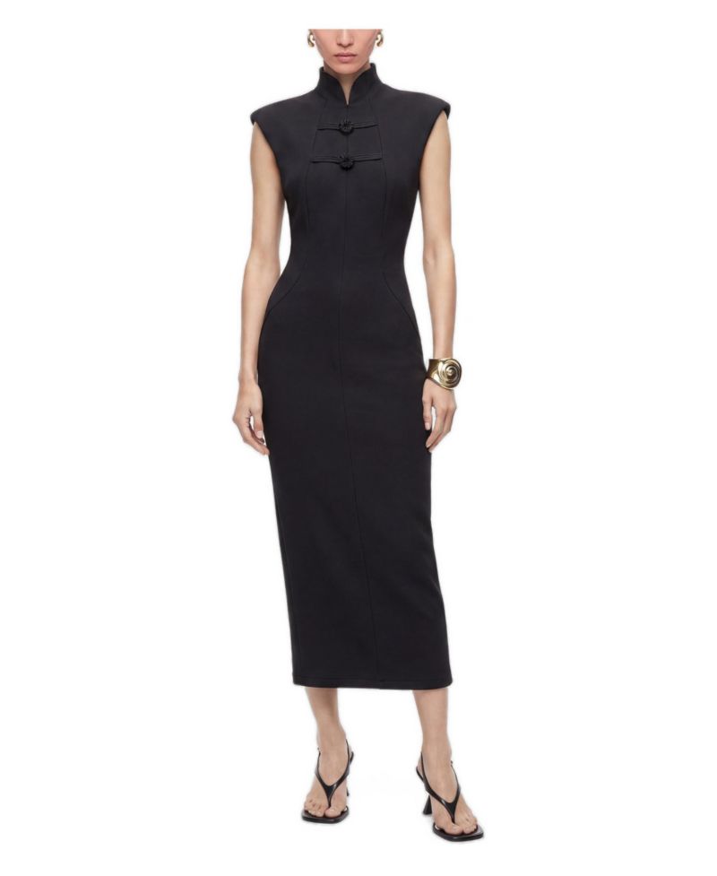 Women's Padded Shoulder Button Detail Maxi Dress