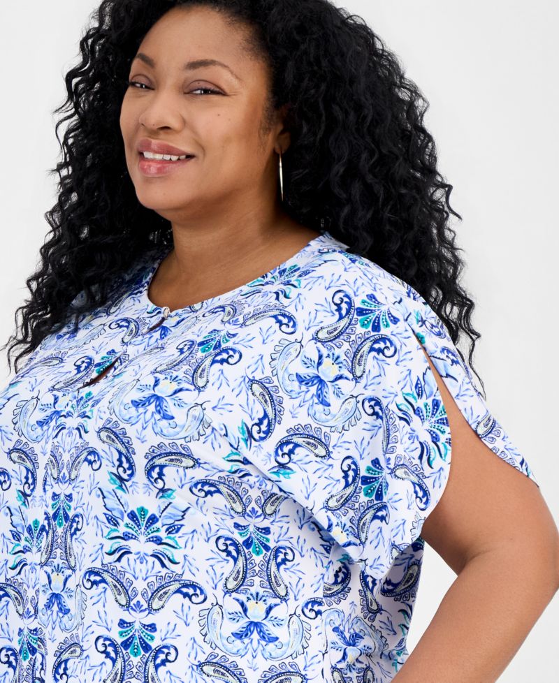 Plus Size Luca Paisley Keyhole Dolman-Sleeve Top