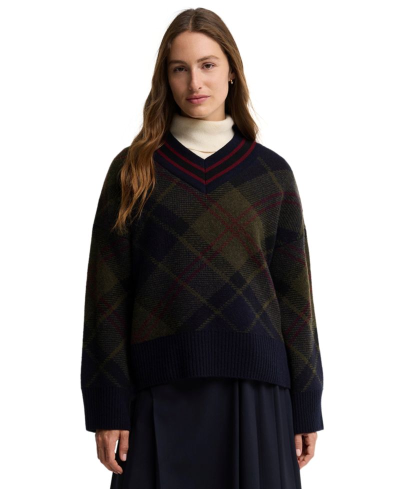 Women's Shae Tartan-Print V-Neck Long-Sleeve Sweater