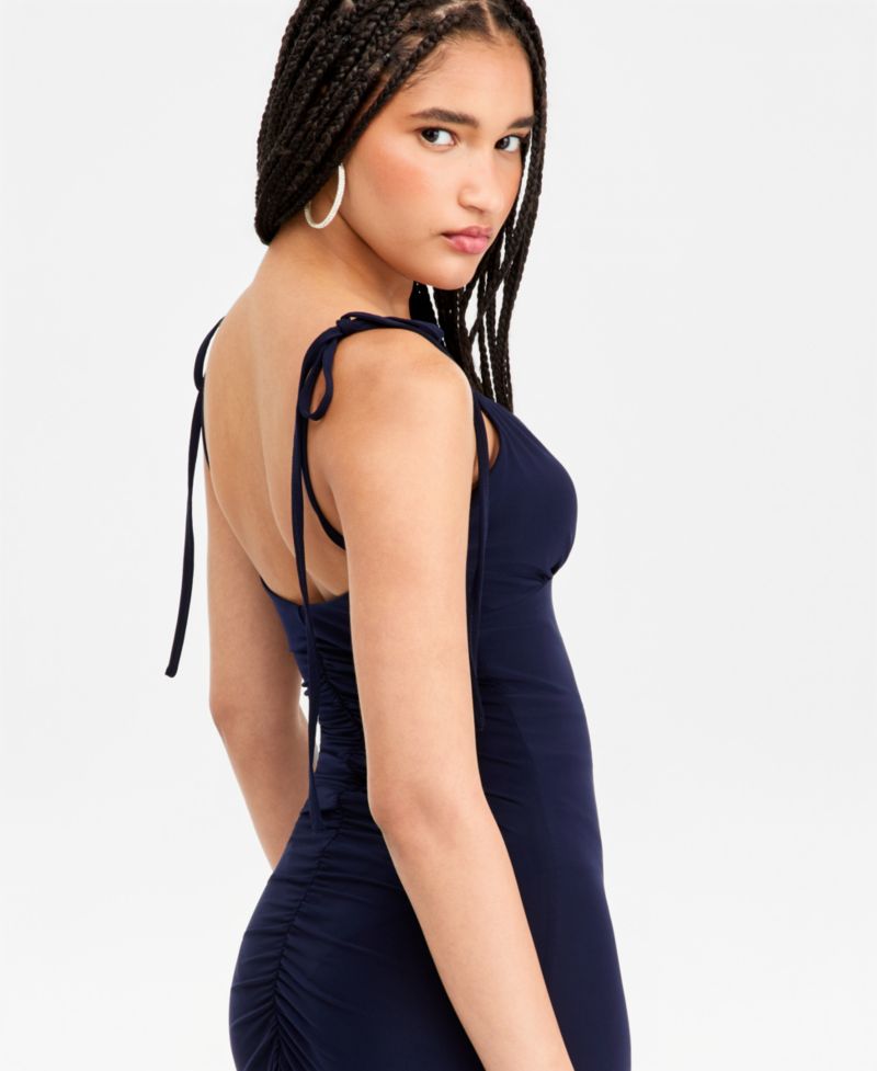 Juniors' Shirred-Back Tie-Strap Long Dress