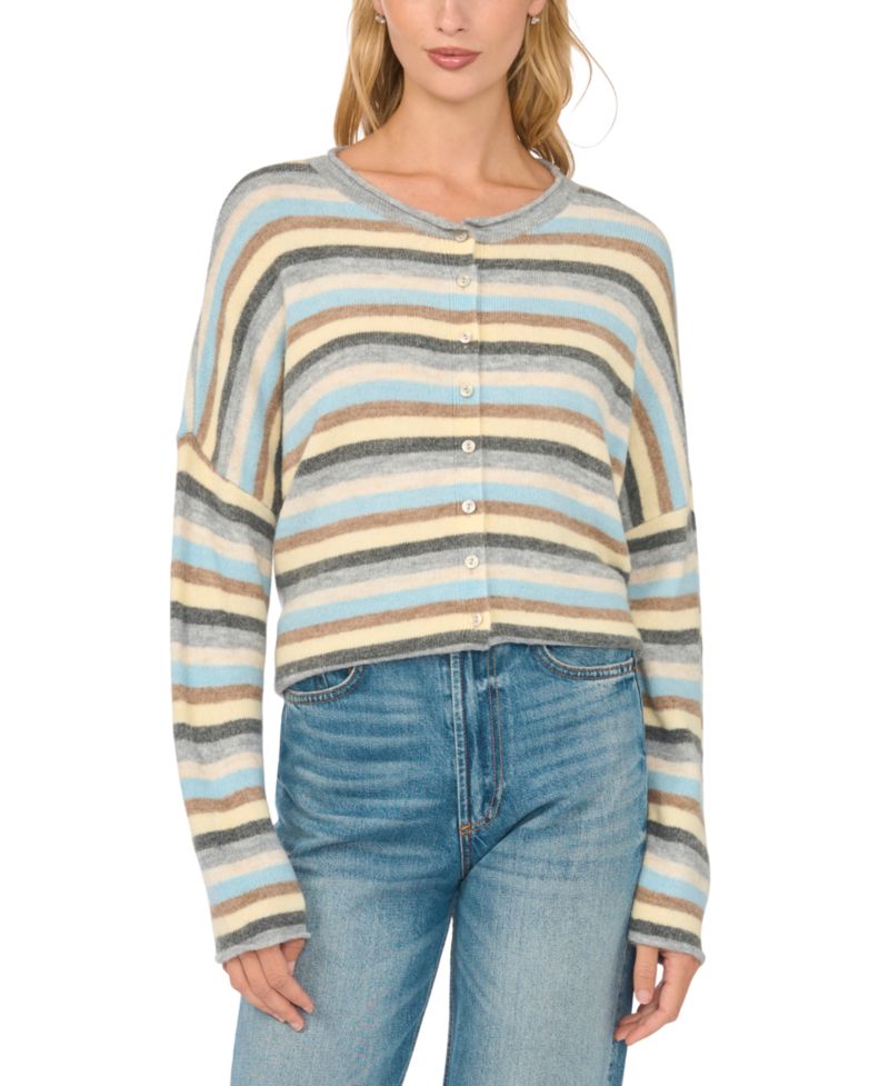 Women's Striped Crewneck Long-Sleeve Cardigan Sweater