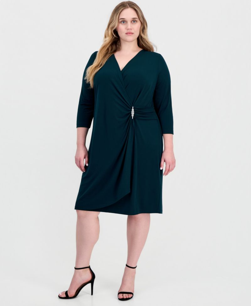 Petite Solid Jersey Mock Wrap V-Neck 3/4 Sleeve Dress