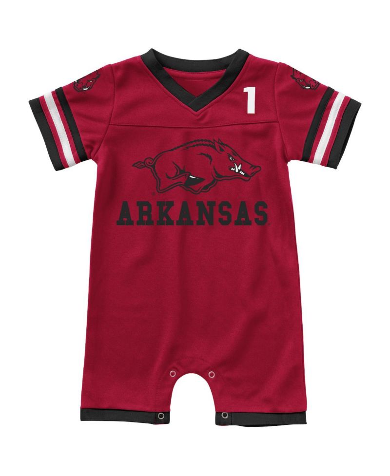 Newborn and Infant Boys and Girls Cardinal Arkansas Razorbacks Bumpo Football Logo Romper
