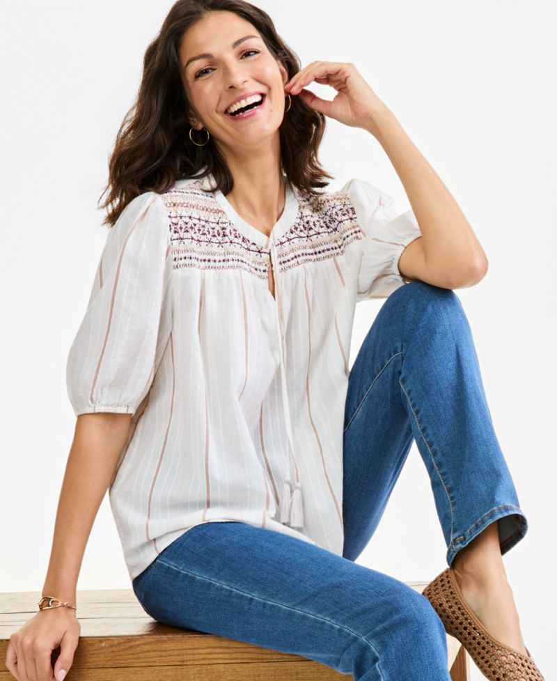 Women's Smocked Elbow-Sleeve Cotton-Linen Blend Top