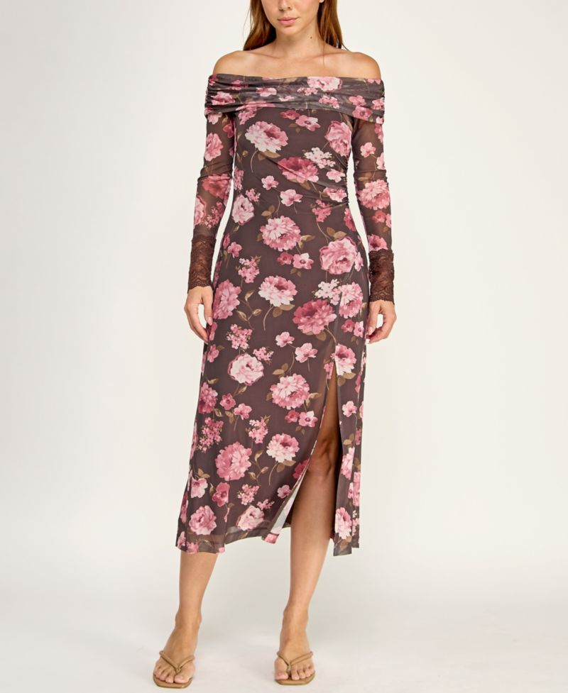 Juniors' Off-The-Shoulder Long-Sleeve Floral Printed Mesh Midi Dress