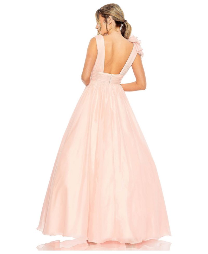 Women's One-Shoulder Ruffle Ball Gown with Plunging V-Neck