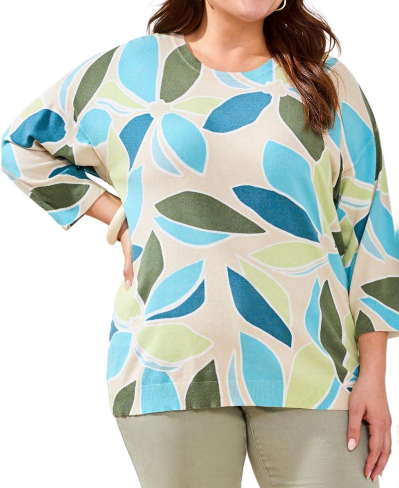 Plus Size Printed 3/4-Sleeve Crew Neck Sweater