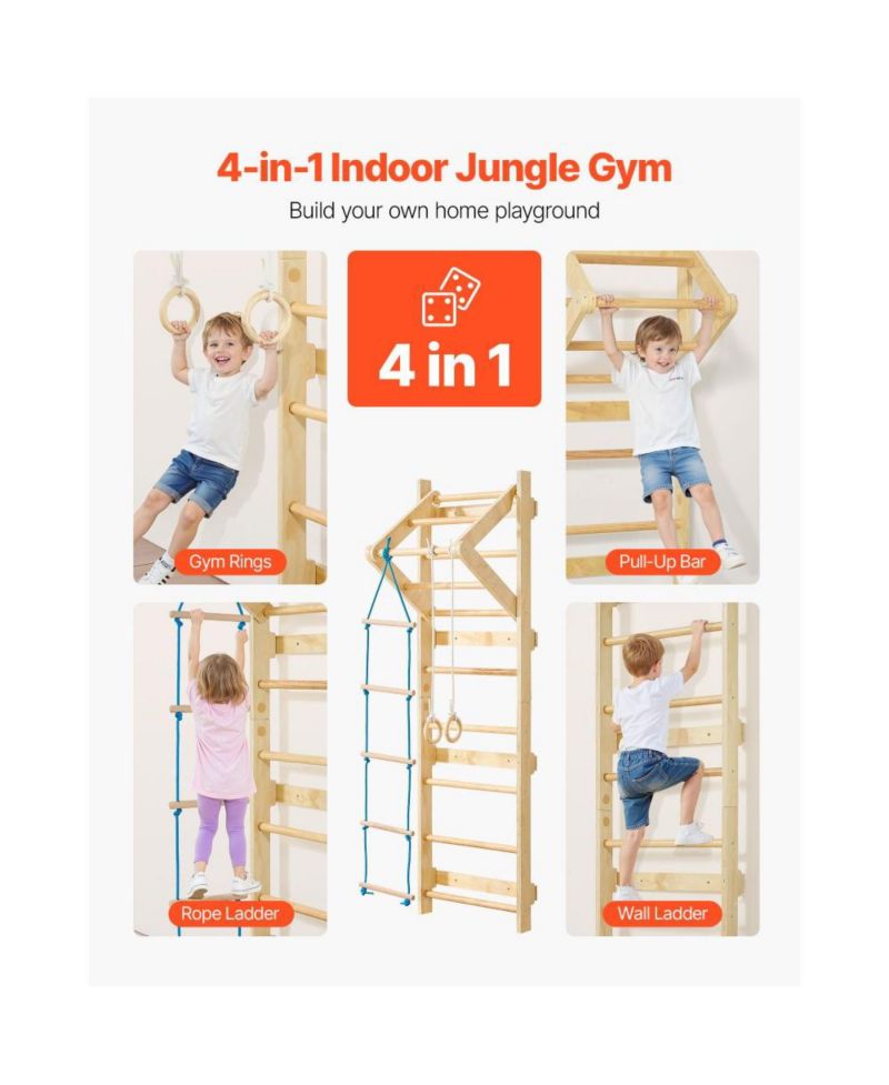 4 in 1 Swedish Ladder Wall Gym with Gym Rings and Pull Up Bar