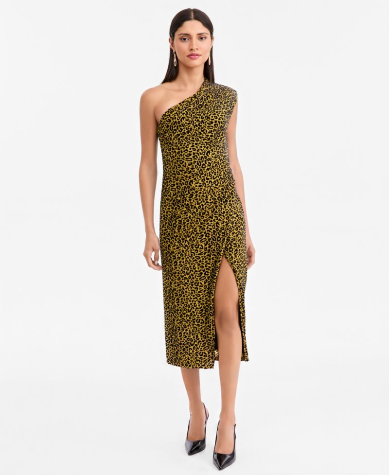 Women's Leopard Embossed One-Shoulder Side-Slit Dress