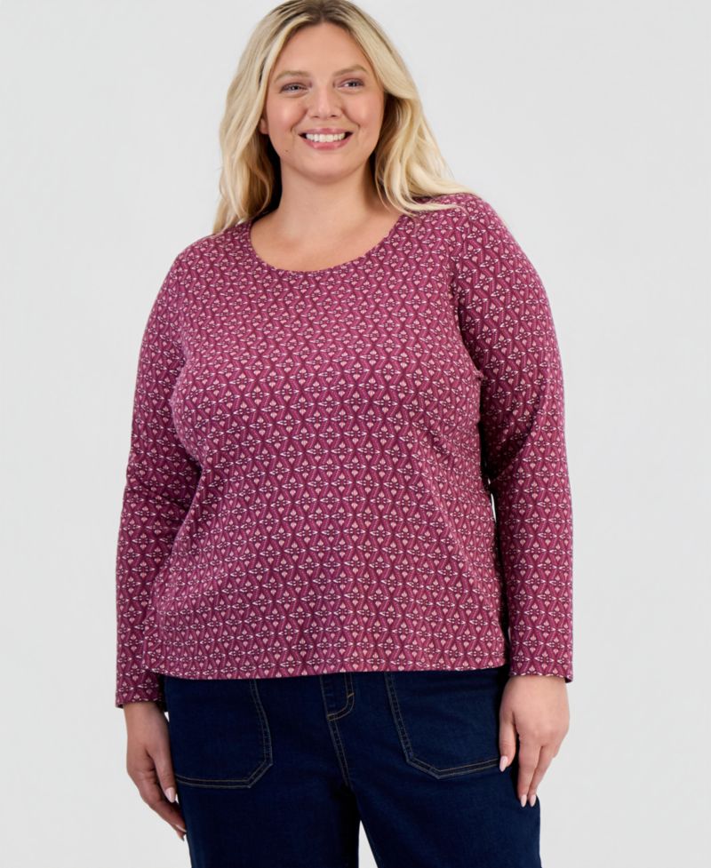 Petite Printed Long-Sleeve Scoop-Neck Top