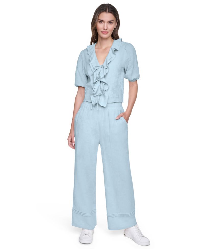 Women's V-Neck Short Puff-Sleeve Tie-Front Shirt