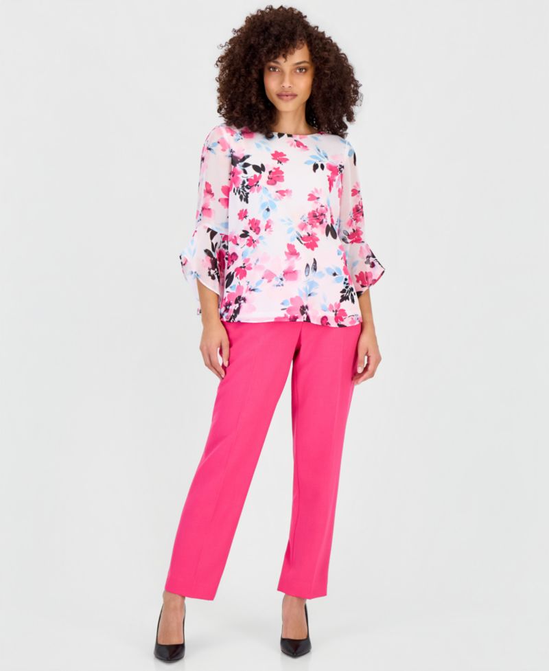 Petite Floral 3/4-Sleeve Ruffled-Cuff Blouse