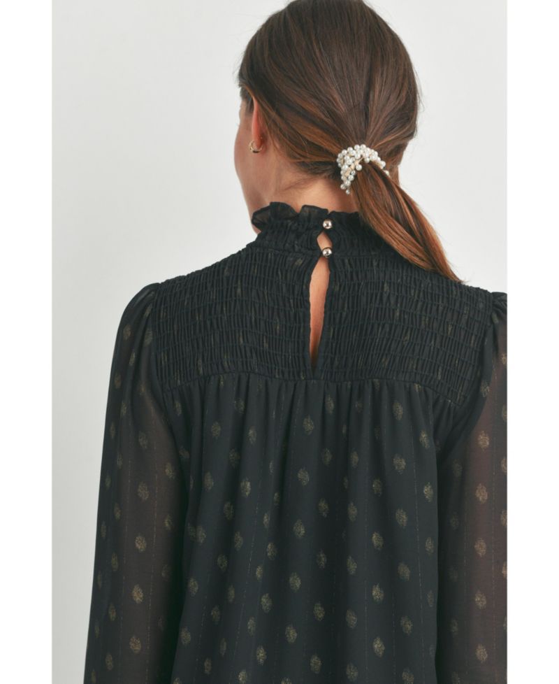Maternity Long Sleeve Mock Neck Polka Dot Smocked Blouse