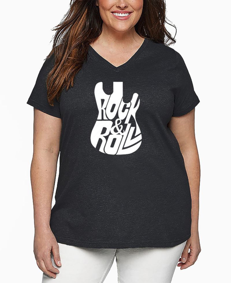 Plus Size Rock And Roll Guitar Word Art V-Neck T-Shirt