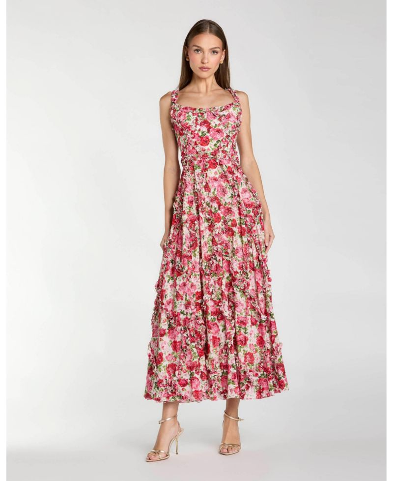 Women's Floral Cotton Ruffle Square Neck Ankle Dress