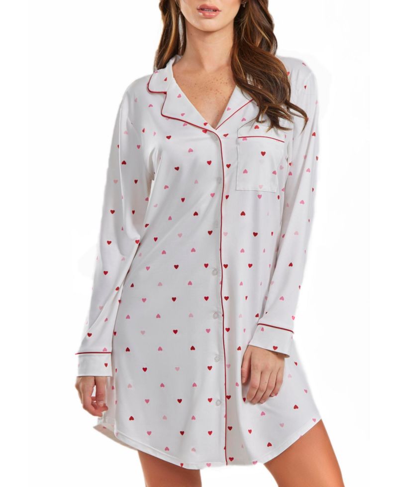 Women's Kyley Heart Print Button Down Sleep Shirt with Contrast Red Trim