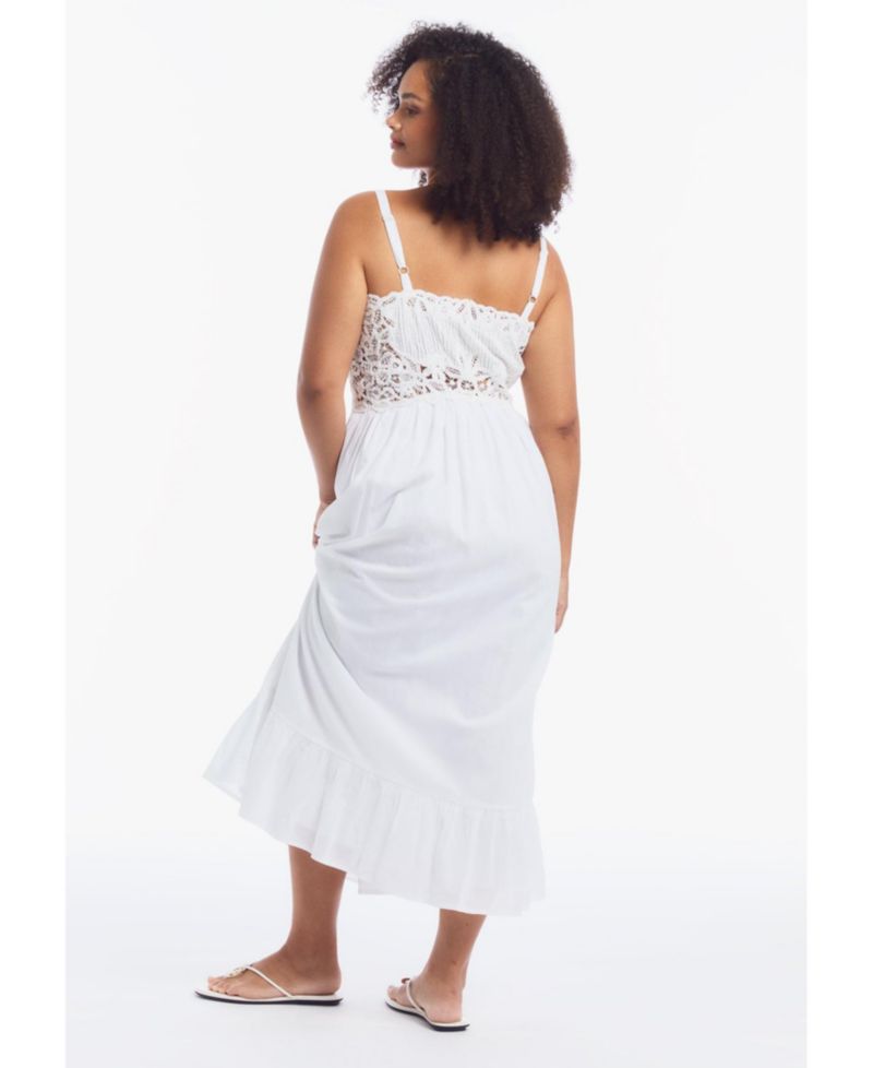 Plus Size Cotton Voile V-Neck Lace-Trim Ruffled Hem Maxi Dress