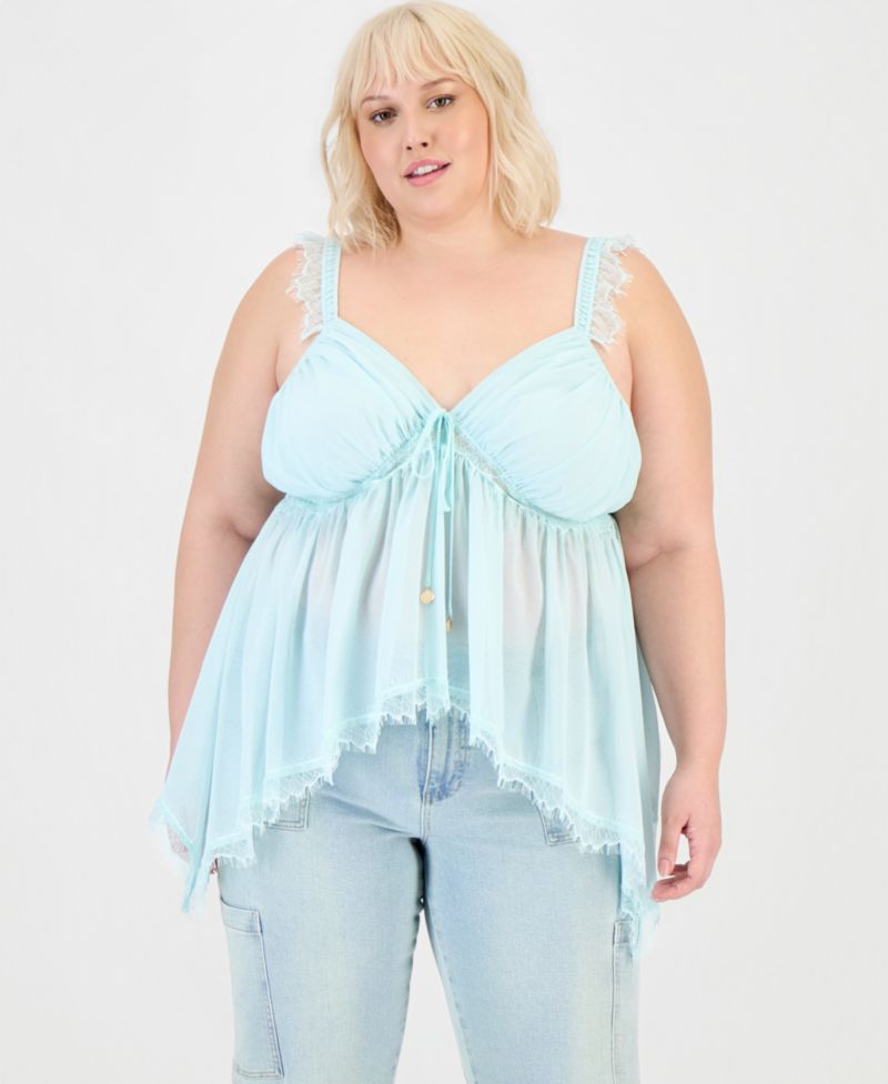 Trendy Plus Size Lace-Trim High-Low Top