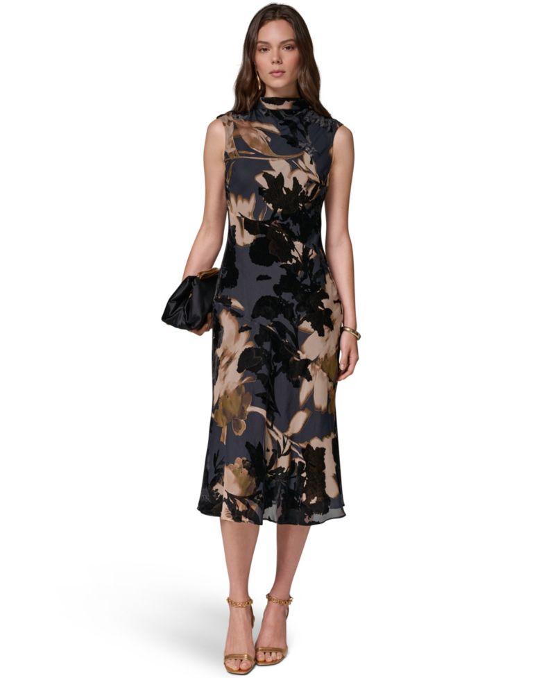 Women's Floral-Print Velvet Burnout A-Line Midi Dress