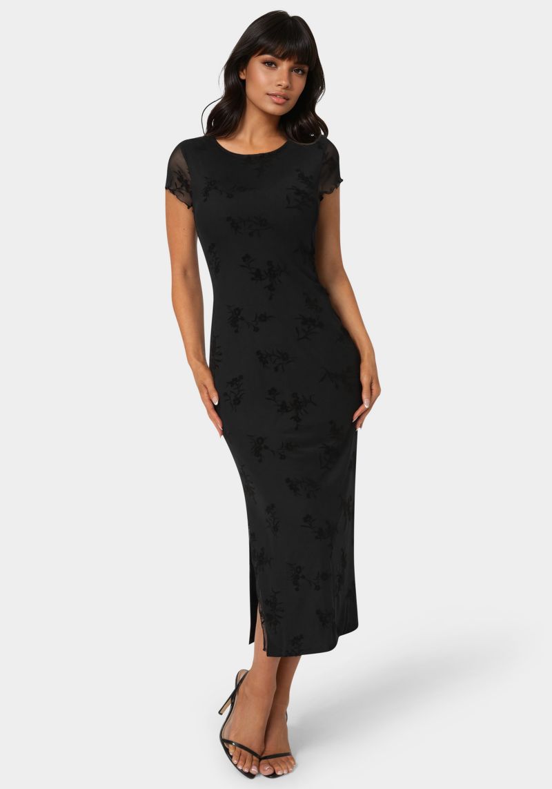 Women's Flocking Mesh T-Shirt Maxi Dress