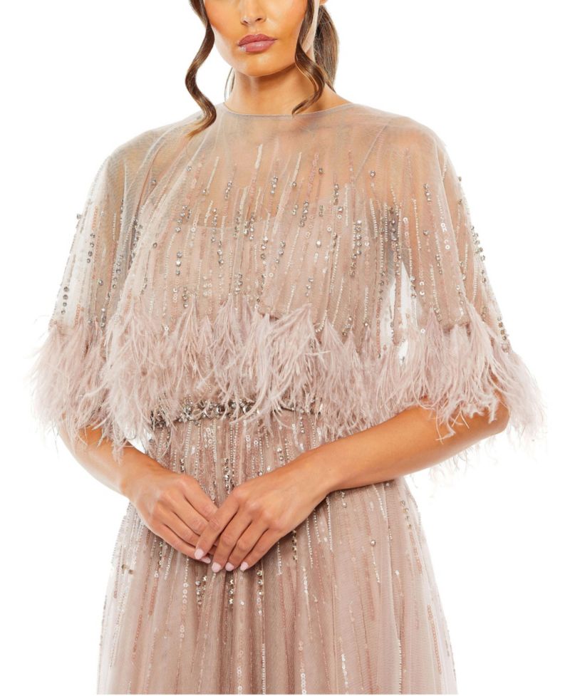 Women's Embellished A Line Dress with Feather Detail Cape