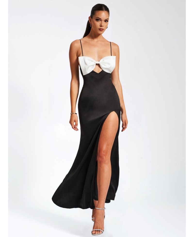 Women Eleanor Black and White Bow Satin Gown