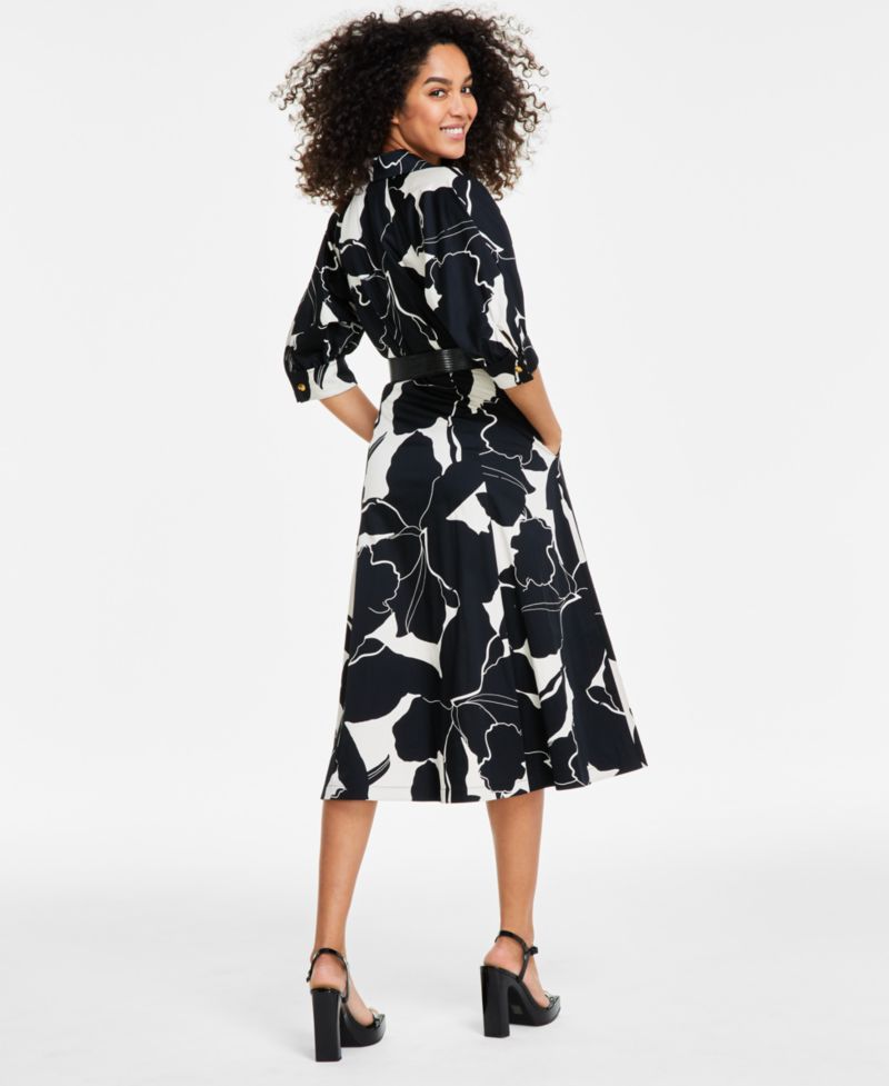 Women's Printed Faux-Leather Belt Midi Shirtdress