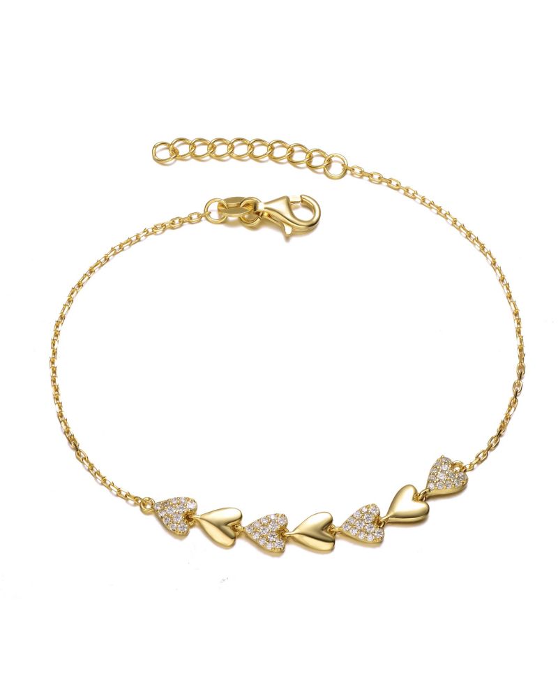 Dainty 14K Gold Plated CZ Pave Heart Stampato Thin Bracelet