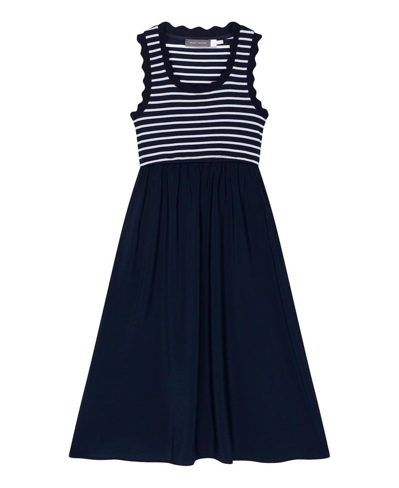 Women's Striped Scallop Trim A-Line Dress