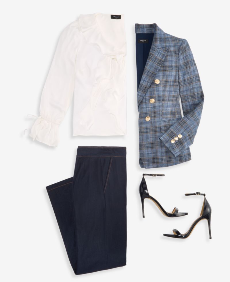 Women's Plaid Double Breasted Blazer, V-Neck Ruffle-Front Long-Sleeve Blouse & Wide-Leg Mid-Rise Denim Pants