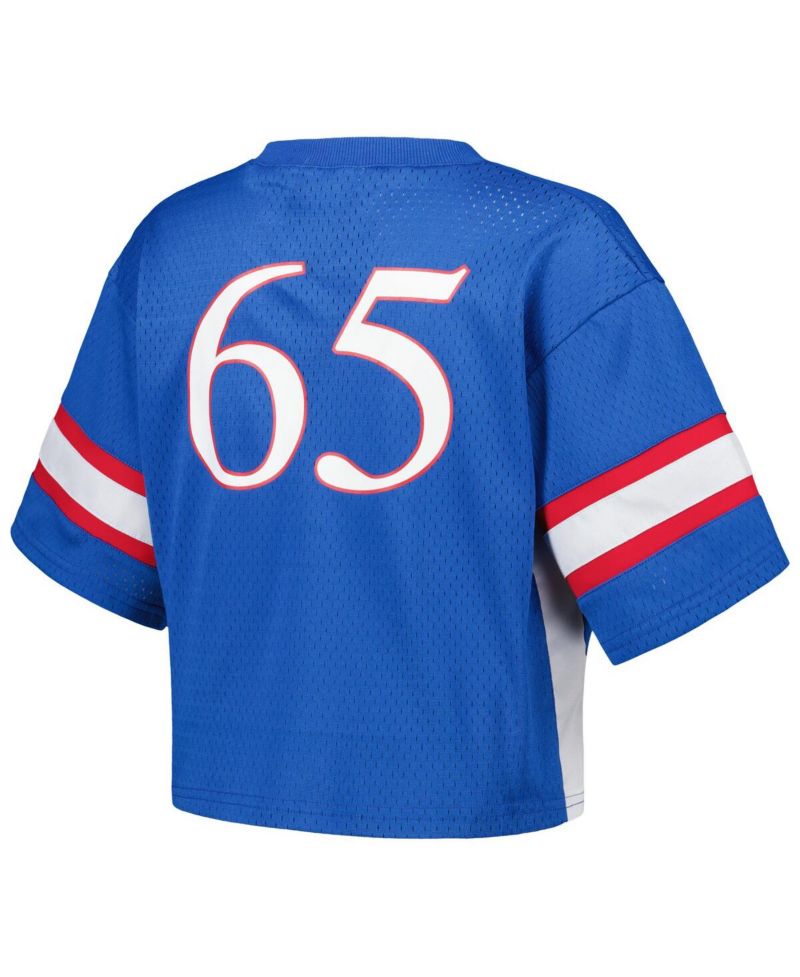 Women's #65 Royal Kansas Jayhawks Fashion Boxy Cropped Football Jersey