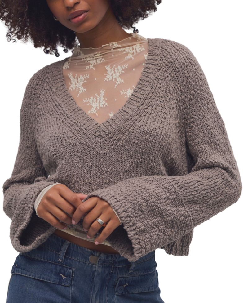 Women's Heartland Cropped Flared-Sleeve V-Neck Pullover Sweater