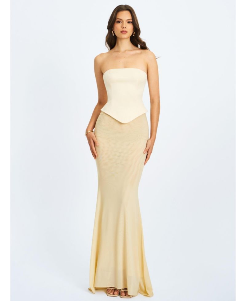 Women's Adelina Butter Yellow Peplum Mermaid Gown with Lace-up Back