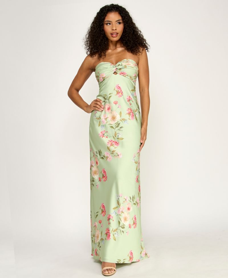Juniors' Floral Print Strapless Gown